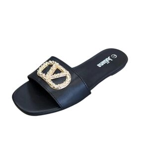 Women's Black Slide Sandals with Gold Crystal Accent